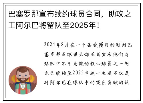 巴塞罗那宣布续约球员合同，助攻之王阿尔巴将留队至2025年！